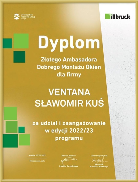 Złoty Ambasador Dobrego Montażu dla firmy Ventana